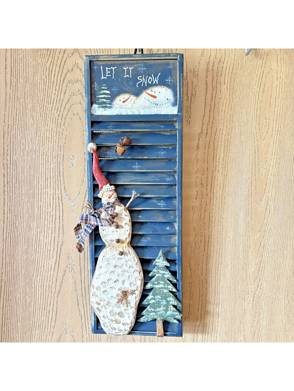 Weathered Wooden Louvered plaque with Snowman "Let It Snow" 18” x 6.5"